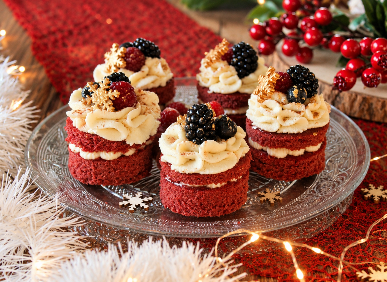 Mini pastelitos de frutos rojos con buttercream de queso y decoración navideña