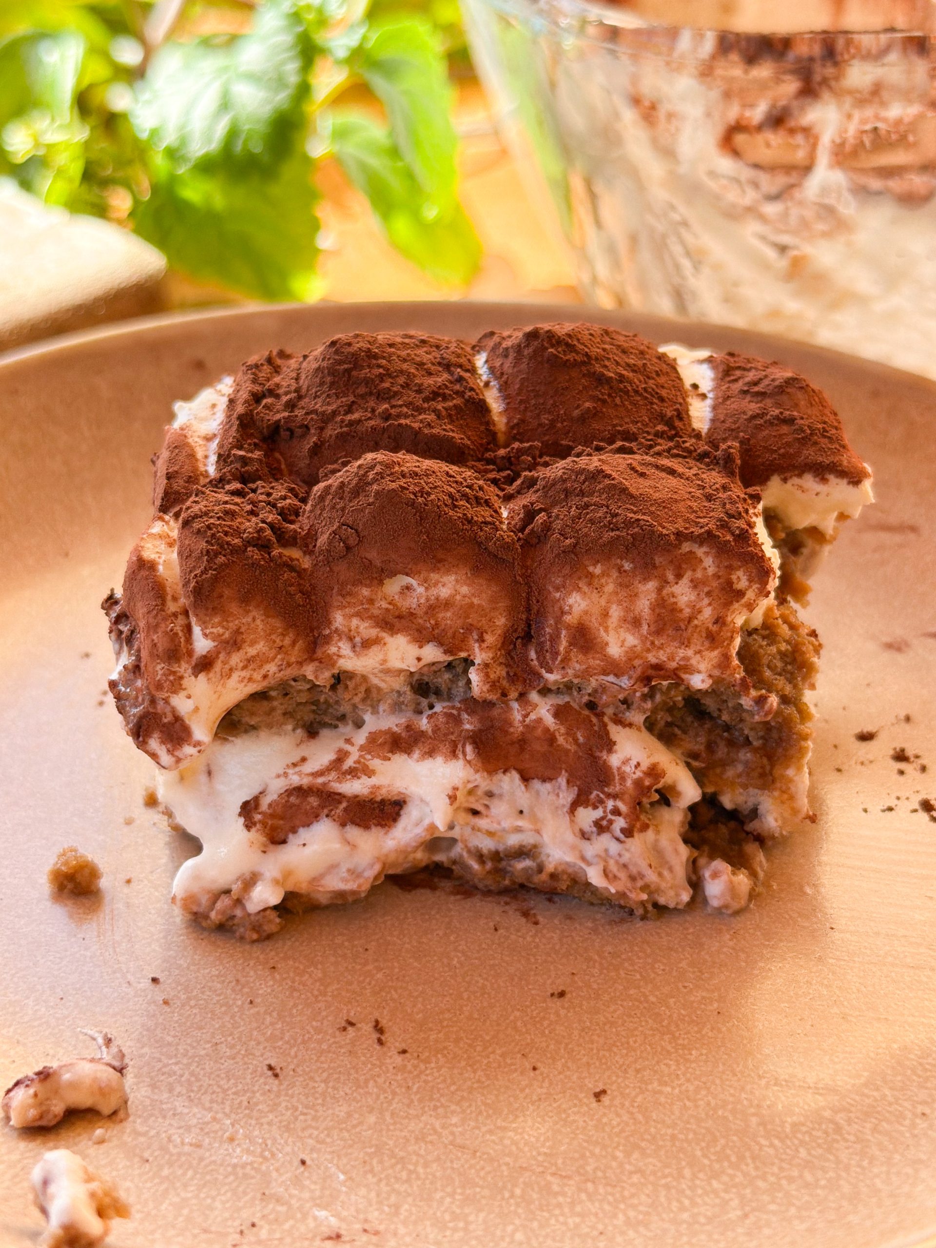 Tiramisú italiano casero con capas de crema de mascarpone, bizcochos empapados en café y cacao puro espolvoreado por encima.