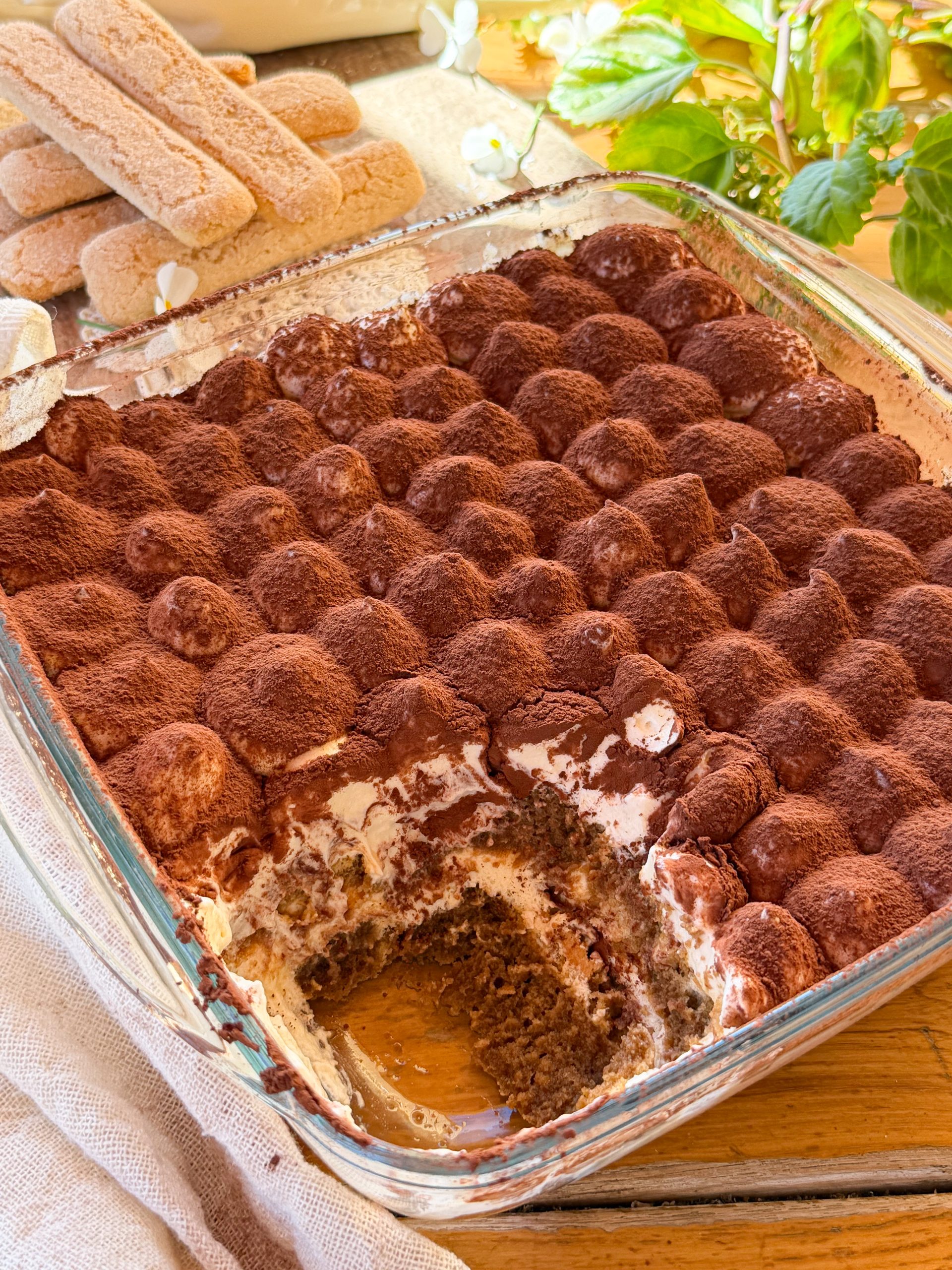 Bandeja de Tiramisú italiano casero con capas de crema de mascarpone, bizcochos empapados en café y cacao puro espolvoreado por encima.