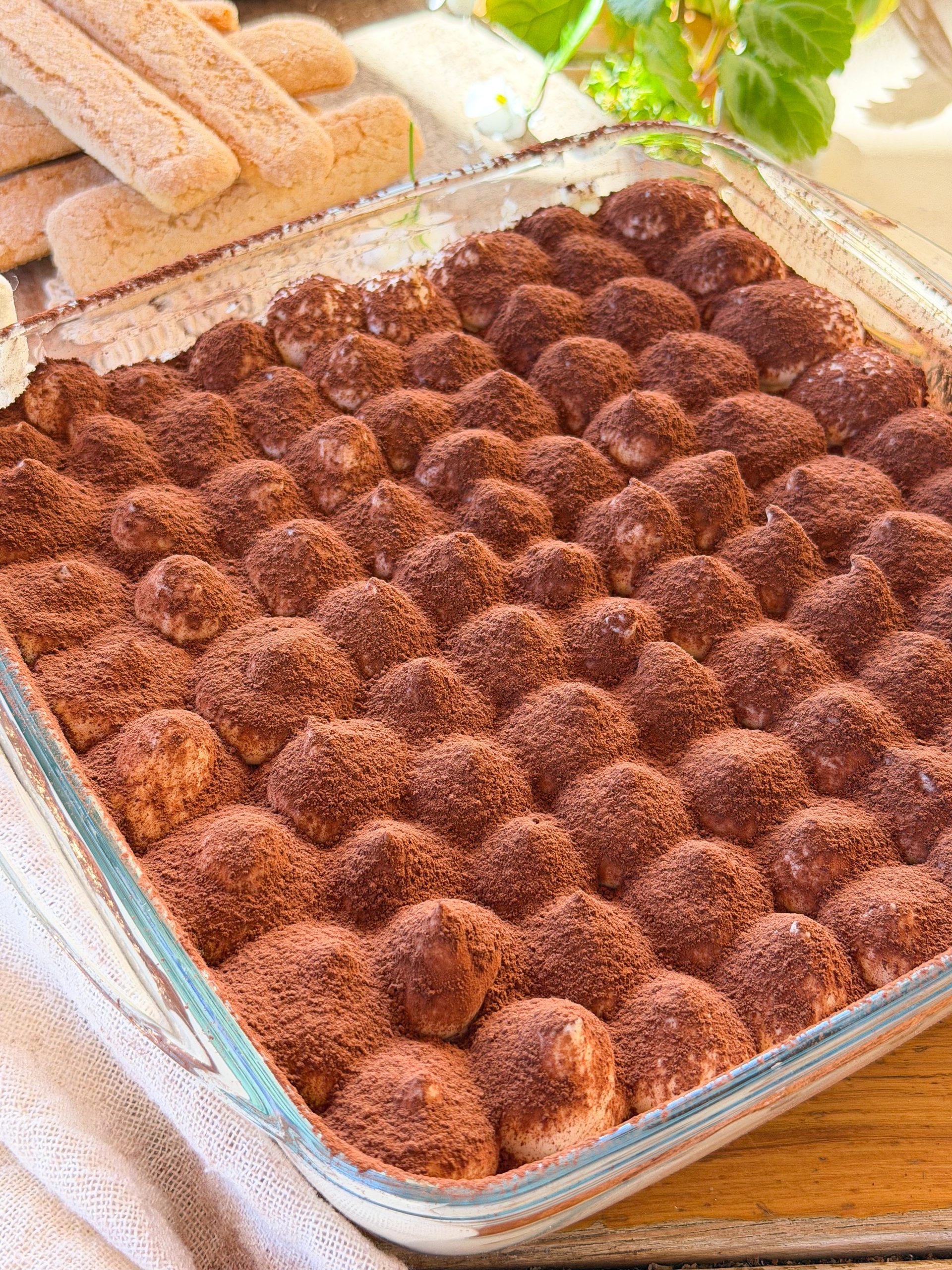 Bandeja de Tiramisú italiano casero con capas de crema de mascarpone, bizcochos empapados en café y cacao puro espolvoreado por encima.