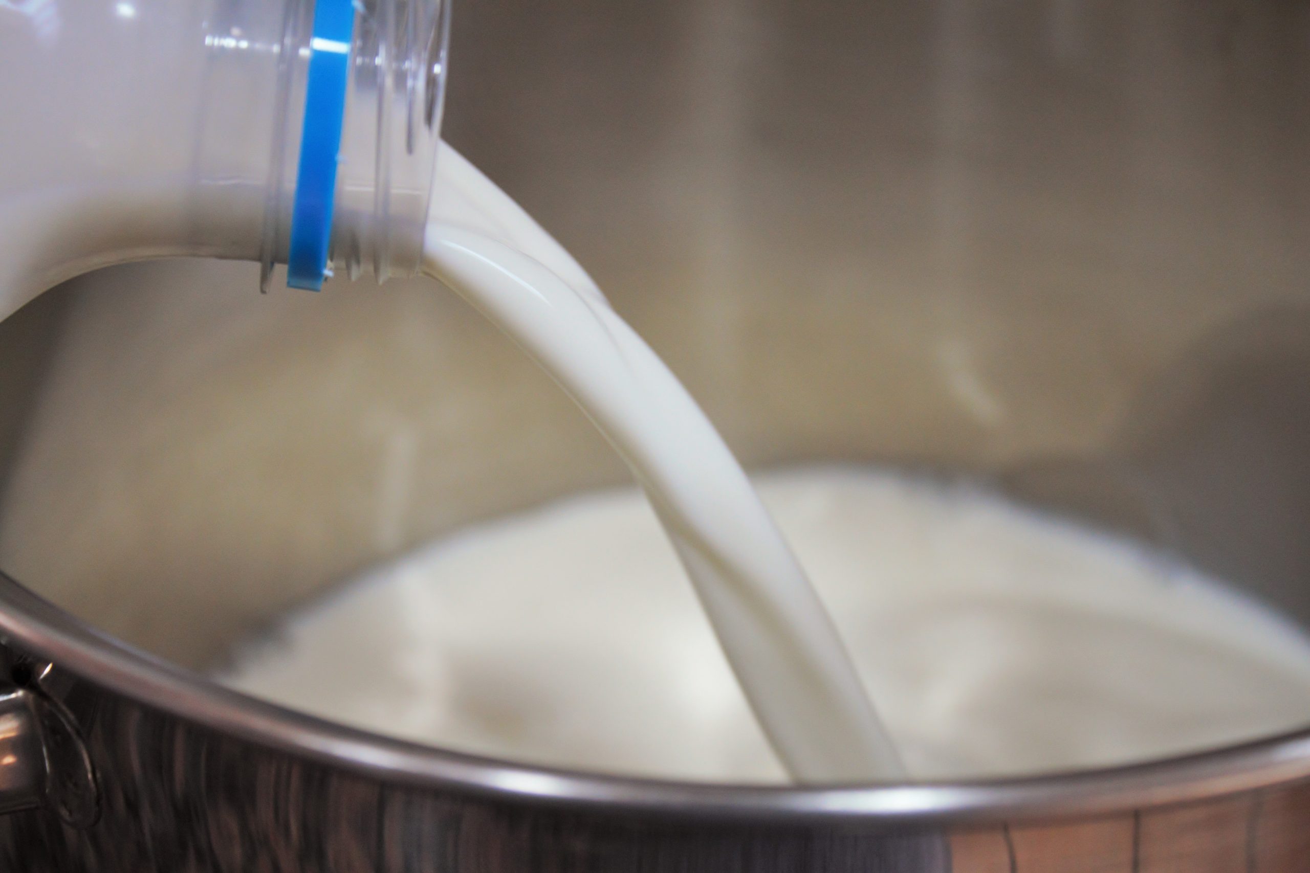 Leche fresca calentándose a 90 grados para hacer mató casero paso a paso.