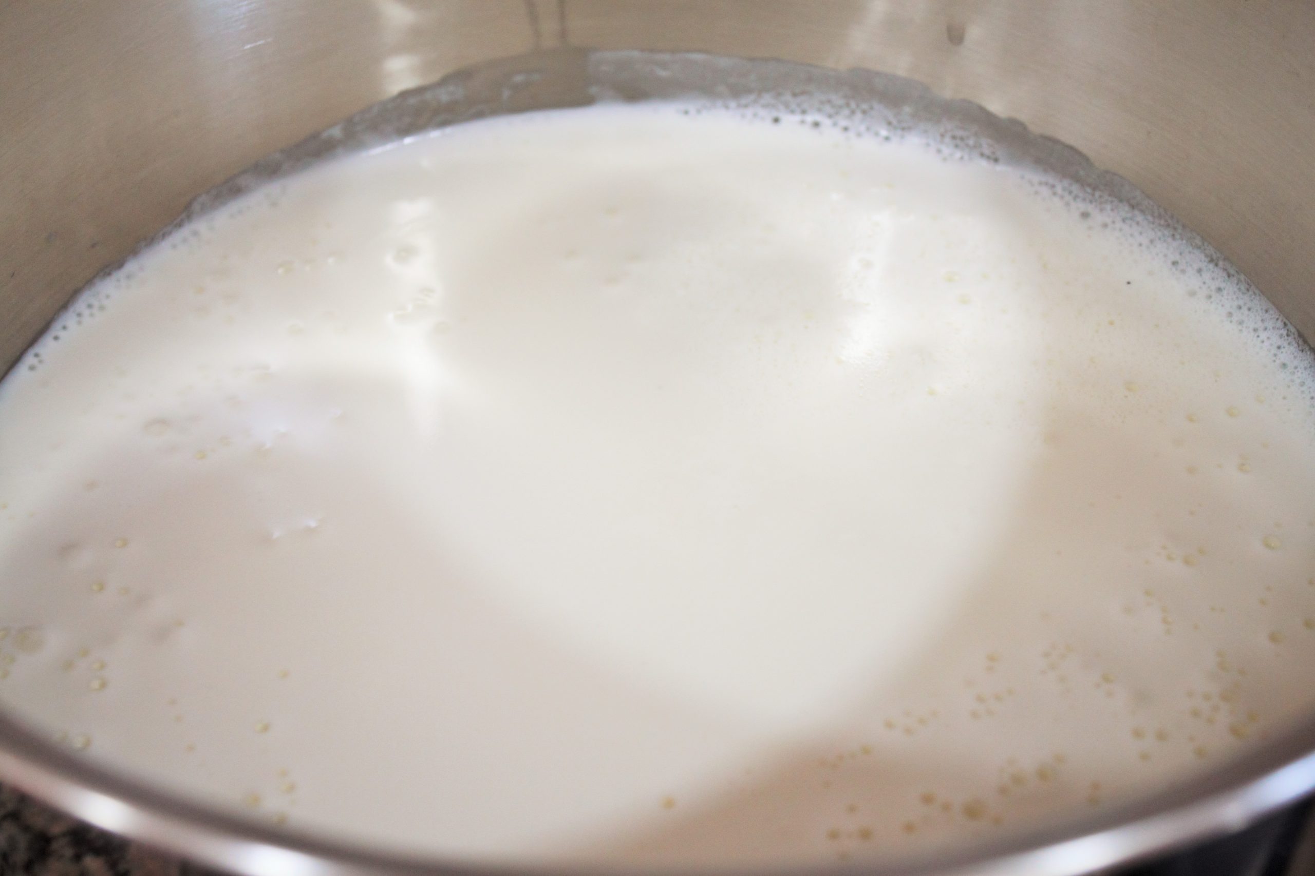Leche fresca calentándose a 90 grados para hacer mató casero paso a paso.