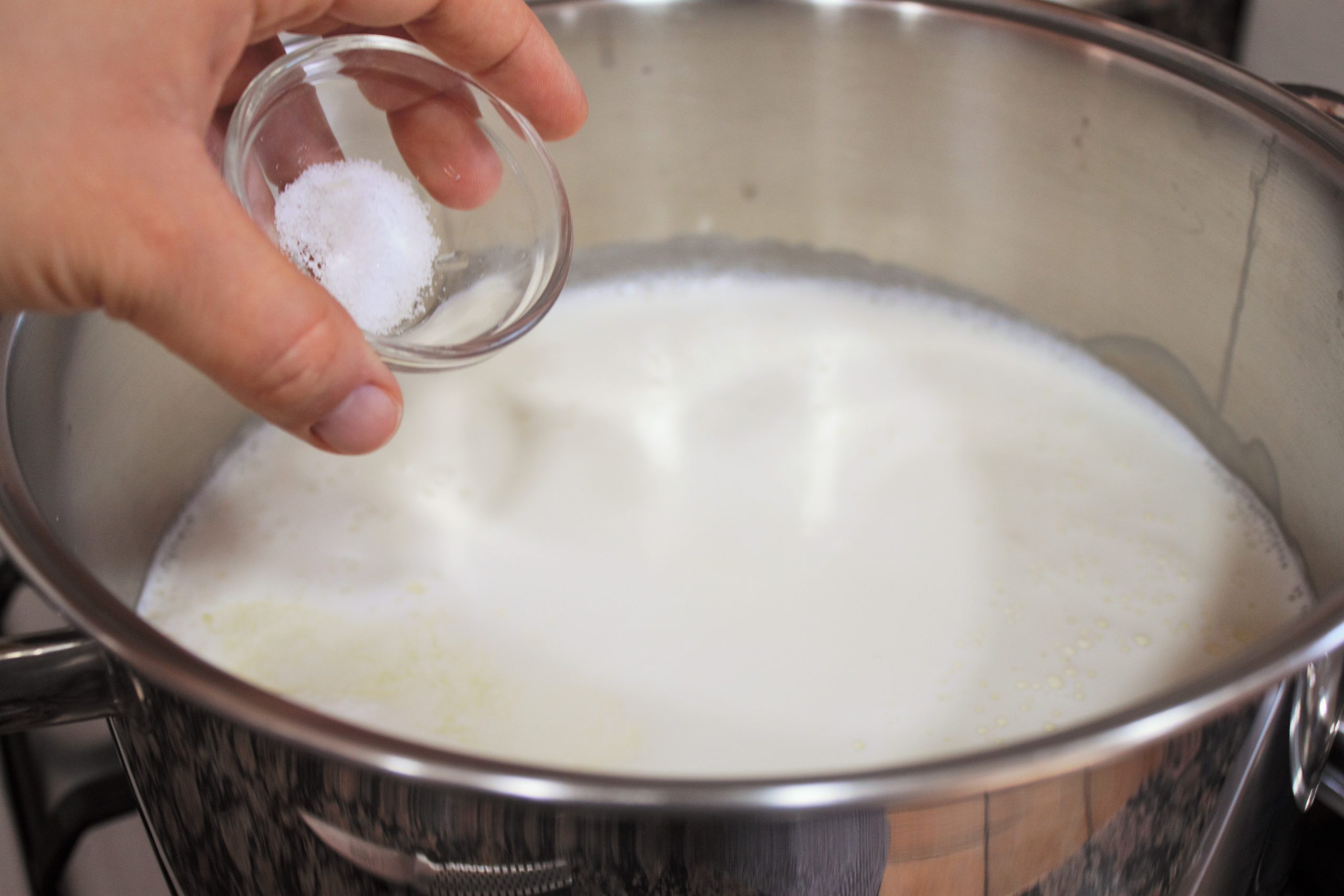 Añadiendo sal a la leche fresca calentándose a 90 grados para hacer mató casero paso a paso.