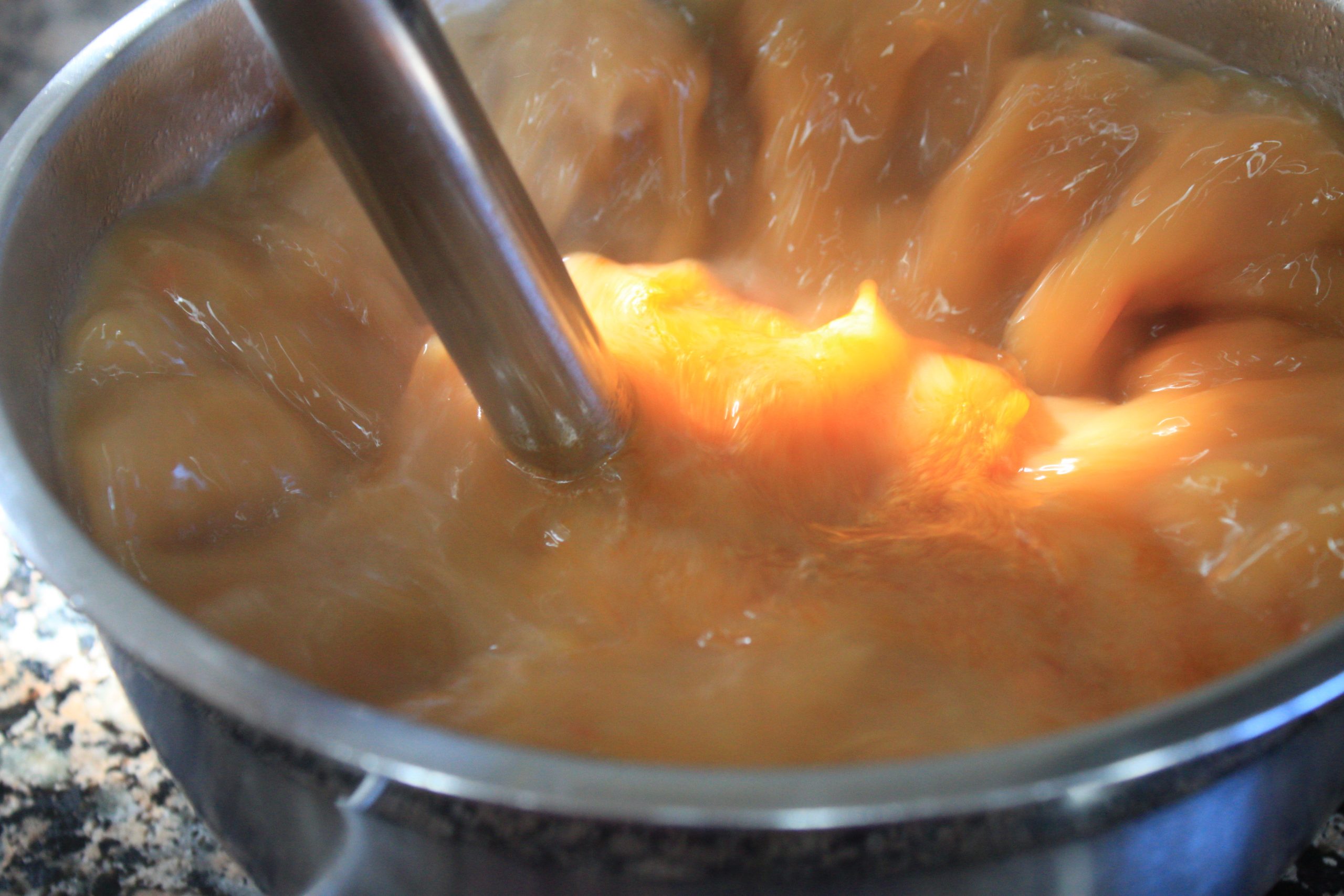 Salsa de la zarzuela de pescado siendo triturada para obtener una textura sedosa.