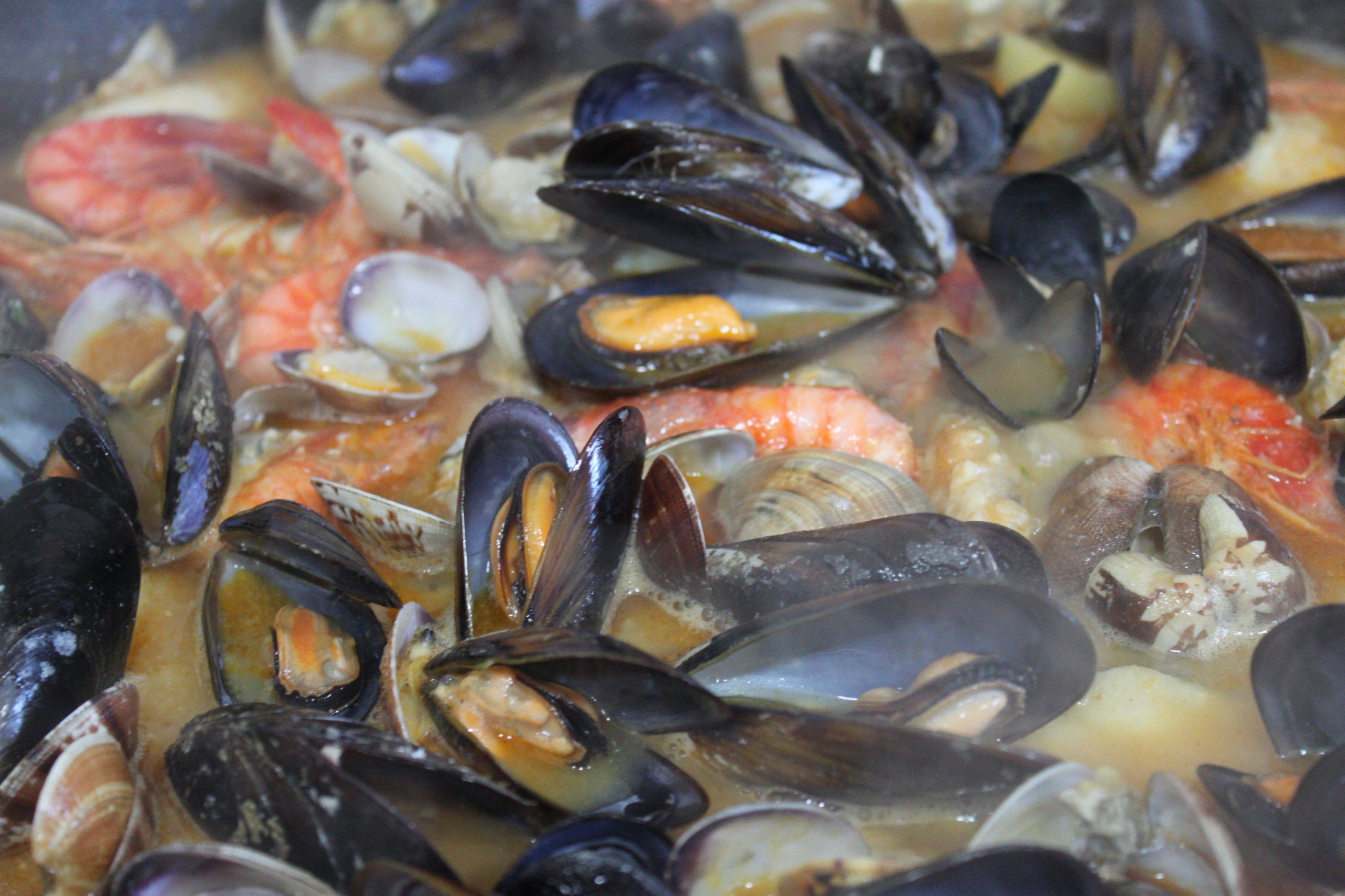 Zarzuela de pescado reposando en la cazuela, con un aspecto brillante y meloso.