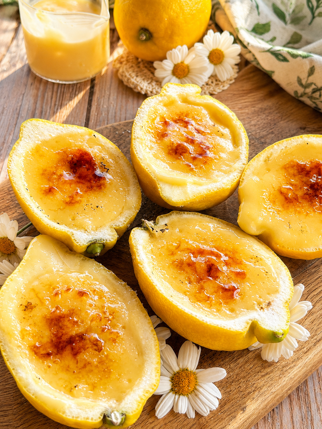 Postre de limones naturales rellenos de crema de limón suave y esponjosa sobre una mesa de madera rústica estilo soulfood