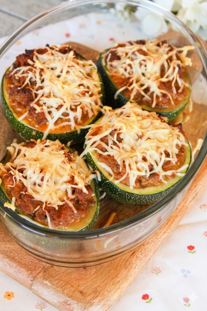 Calabacines redondos rellenos de carne picada gratinados con queso emmental al horno estilo soulfood.