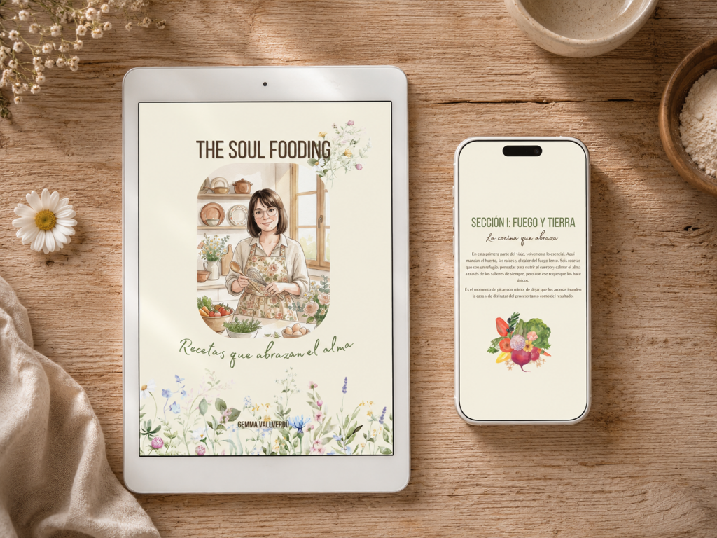 Tablet mostrando el recetario digital 'The Soul Fooding' abierto en una receta de repostería. La tablet está sobre una mesa de madera rústica junto a ingredientes naturales, transmitiendo una atmósfera de cocina lenta y casera.