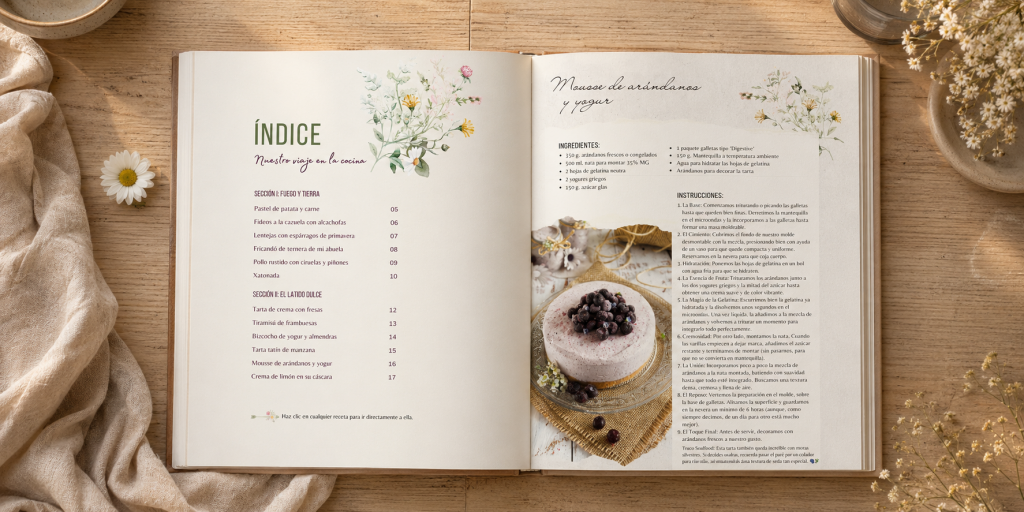 Libro mostrando el recetario digital 'The Soul Fooding' abierto en una receta de repostería. La tablet está sobre una mesa de madera rústica junto a ingredientes naturales, transmitiendo una atmósfera de cocina lenta y casera.