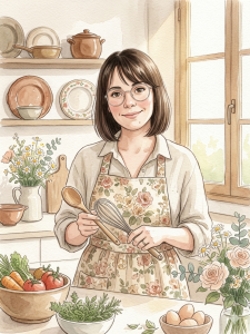 Ilustración en acuarela de una mujer con delantal de flores en una cocina iluminada, sosteniendo utensilios de madera. Estilo Soul Food con flores frescas e ingredientes naturales.