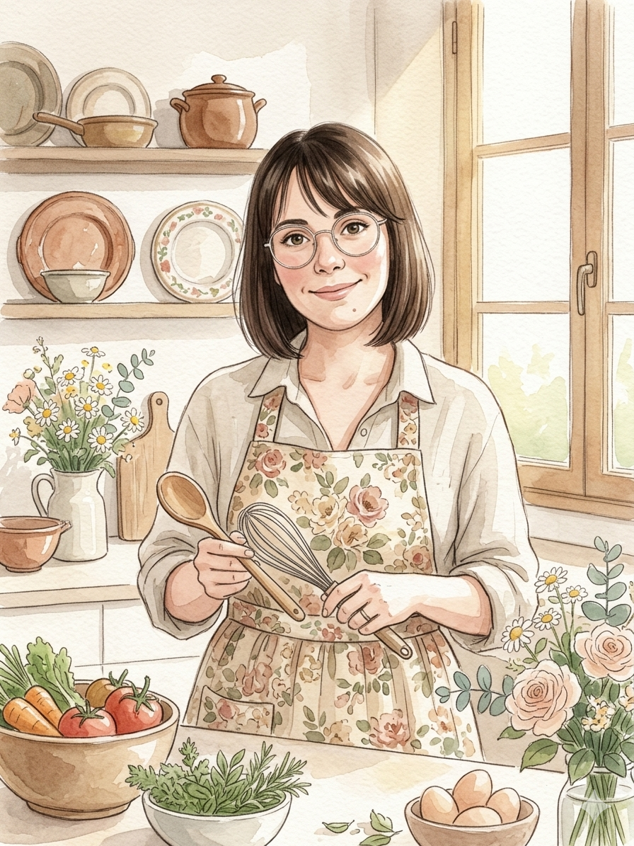 Ilustración en acuarela de una mujer con delantal de flores en una cocina iluminada, sosteniendo utensilios de madera. Estilo Soul Food con flores frescas e ingredientes naturales.