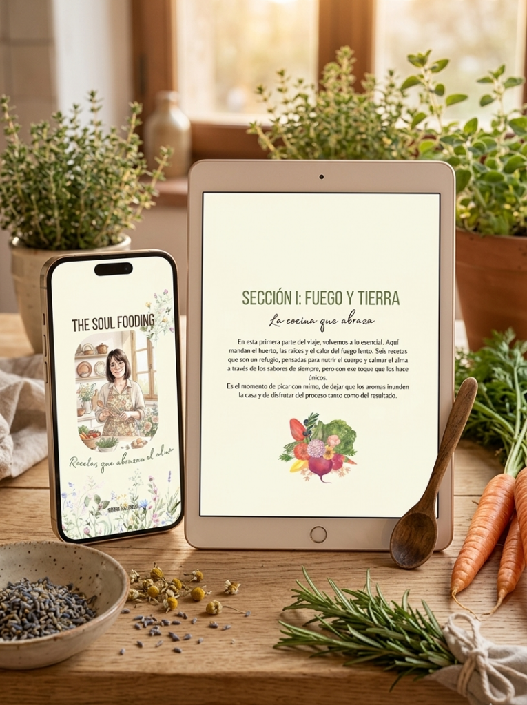 Tablet mostrando el recetario digital 'The Soul Fooding' abierto en una receta de repostería. La tablet está sobre una mesa de madera rústica junto a ingredientes naturales, transmitiendo una atmósfera de cocina lenta y casera.