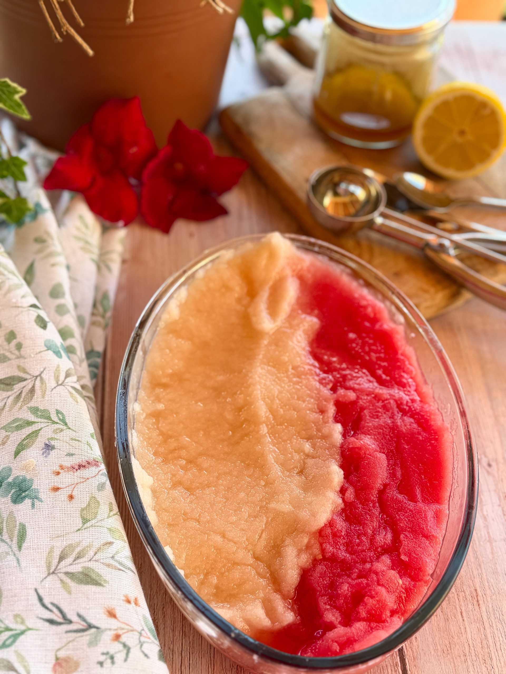 Bandeja de cristal con el sorbete bicolor de sandía y melón antes de su reposo final, mostrando el contraste de colores.