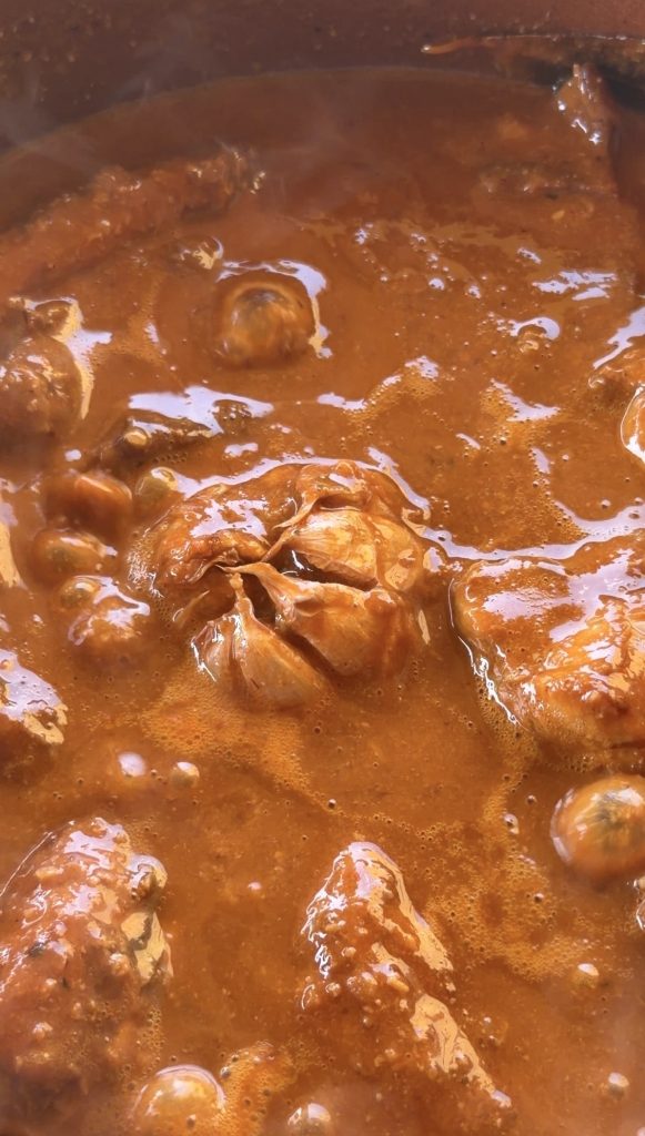 Primer plano extremo del guiso de conejo en la cazuela de barro, donde se aprecian perfectamente la textura espesa y burbujeante de la salsa de color marrón rojizo y la cabeza de ajos asada en el centro.