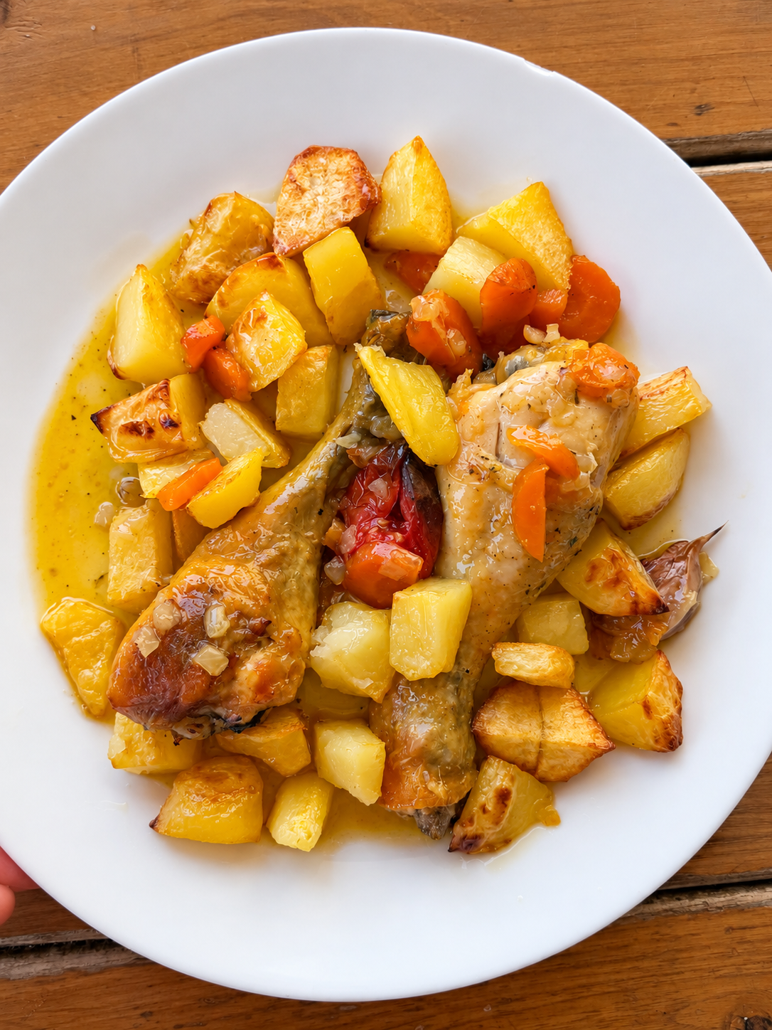 Muslitos de pollo al horno con patatas y verduras, receta fácil y jugosa