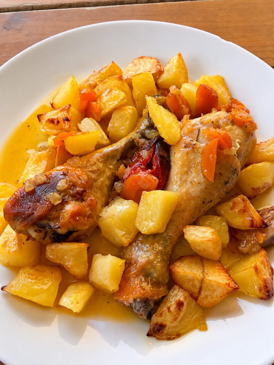 Muslitos de pollo al horno con patatas asadas, zanahoria, cebolla y tomates cherry en salsa casera.