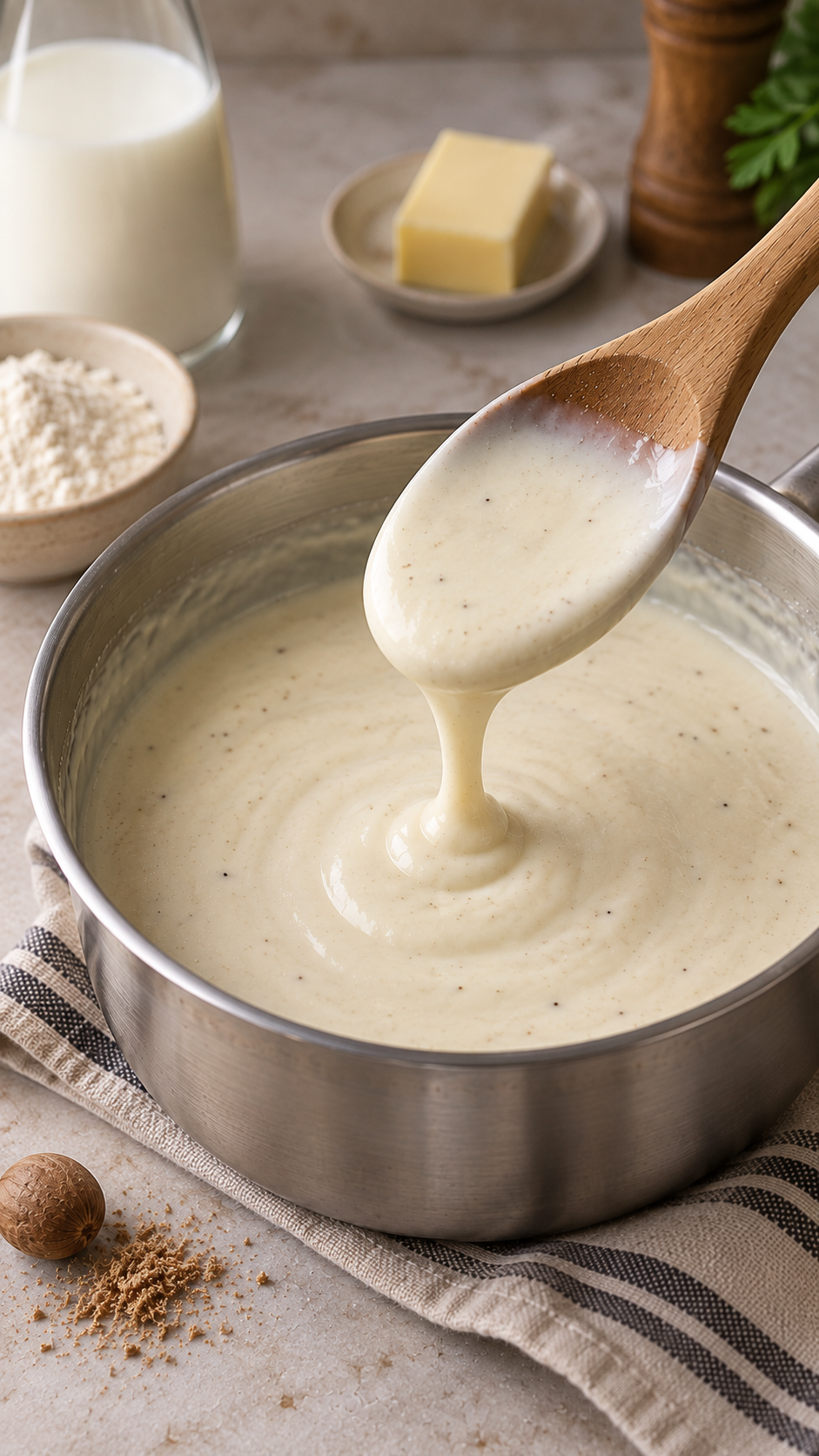 Bechamel casera de textura suave y cremosa en cazuela de inox.