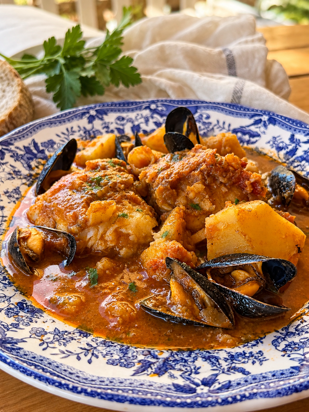 Plato de suquet de peix casero con pescado, mejillones y patatas en salsa de tomate y picada tradicional.