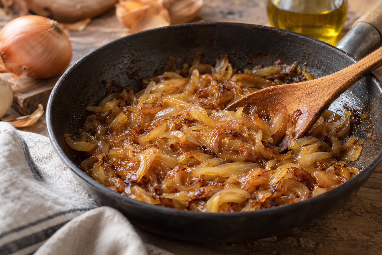 Cebollas caramelizadas en sartén de hierro