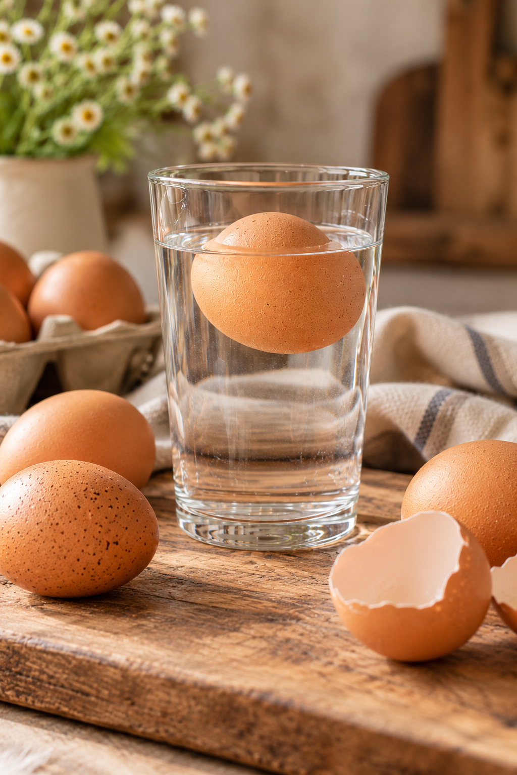 Huevos frescos junto a un vaso de agua para comprobar su estado