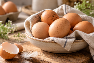 Huevos en cesta con un trapo de cocina
